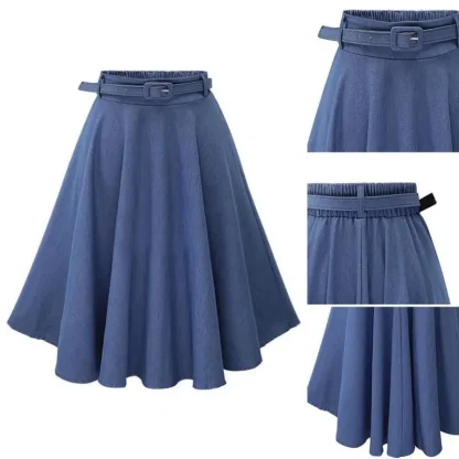 Belted Waist A-line Denim Skirt - Image 10
