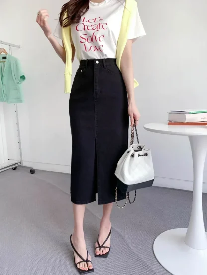 Slit Midi Straight Denim Skirt - Image 12