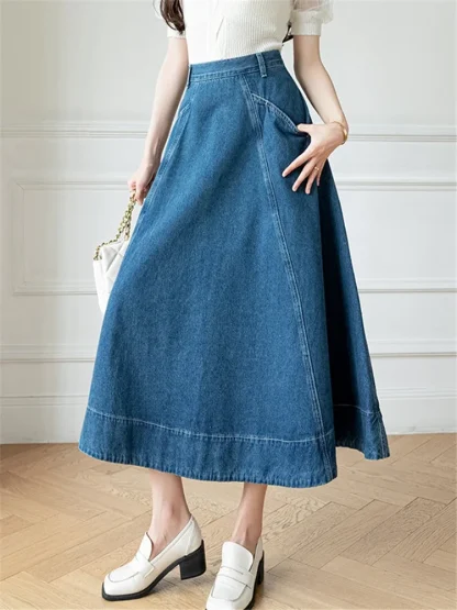 Side Pocket A-line Midi Denim Skirt - Image 2