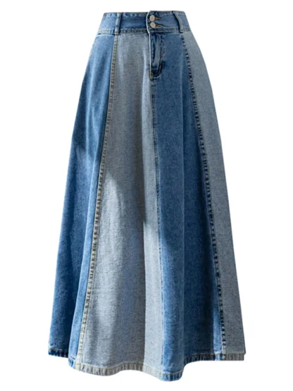 Two Tone A-line Midi Denim Skirt - Image 8