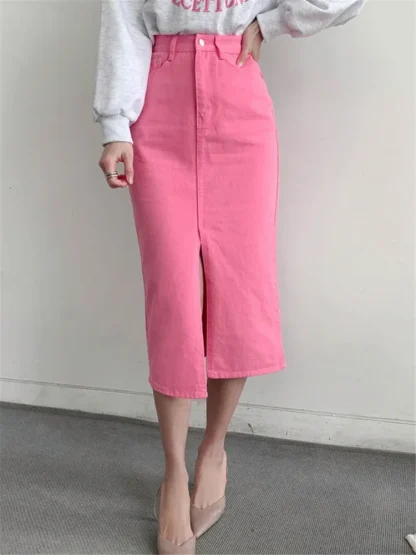 Slit Midi Straight Denim Skirt - Image 3