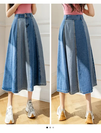 Two Tone A-line Midi Denim Skirt - Image 11
