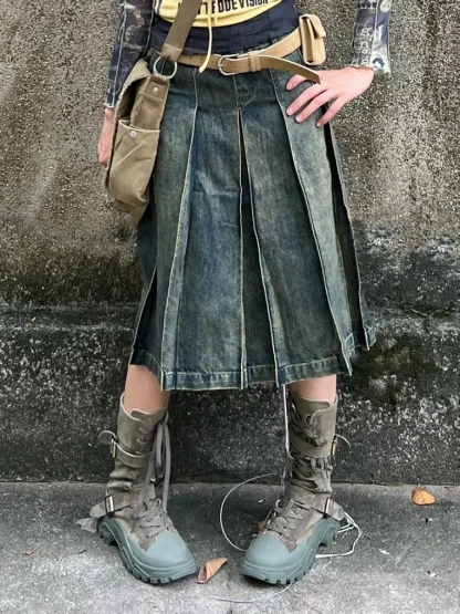 Retro Pleated Midi Denim Skirt