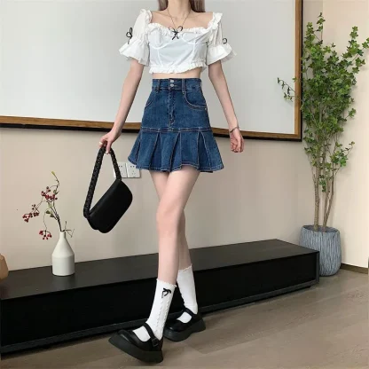 High-waist Pleated Denim Skirt - Image 11