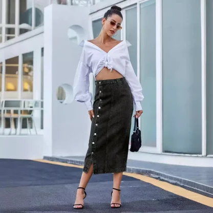 High-waist Button Split Denim Skirt - Image 4