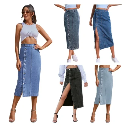 High-waist Button Split Denim Skirt - Image 6
