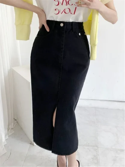 Slit Midi Straight Denim Skirt