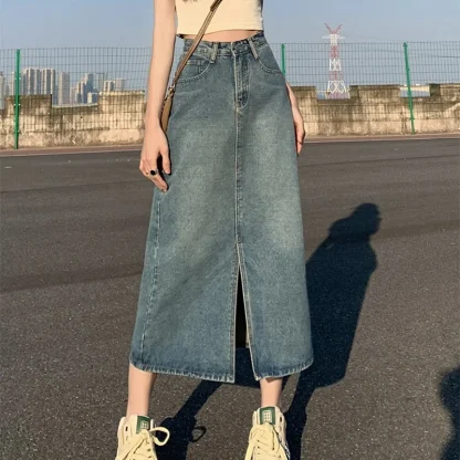 Straight Front Slit Denim Skirt - Image 2