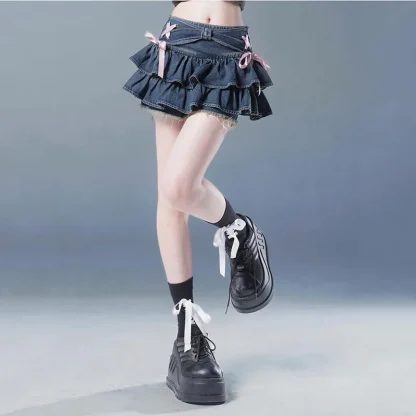 Cute Lace-up Ruffle Denim Skirts - Image 2