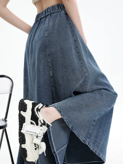 Casual Plain Long Denim Skirt - Image 6