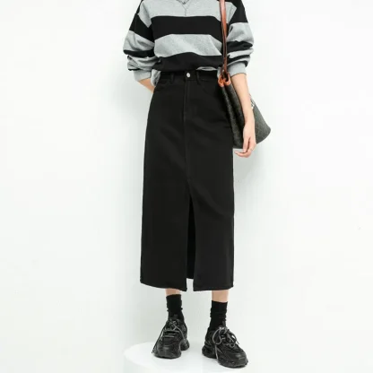 Midi Front Slit Black Denim Skirt