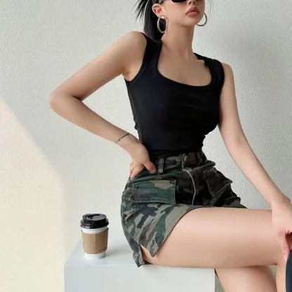 Camouflage Print Cargo Denim Skirt - Image 7