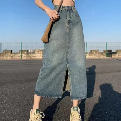 Straight Front Slit Denim Skirt - Image 4