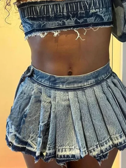 Casual Pleated Mini Denim Skirt - Image 3