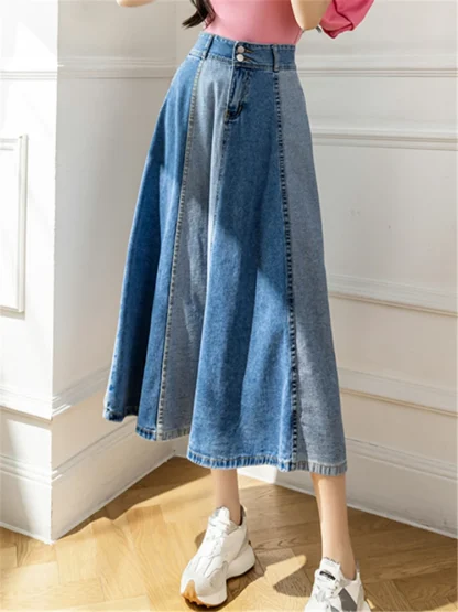 Two Tone A-line Midi Denim Skirt