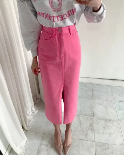 Slit Midi Straight Denim Skirt - Image 6