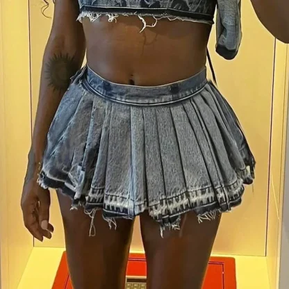 Casual Pleated Mini Denim Skirt