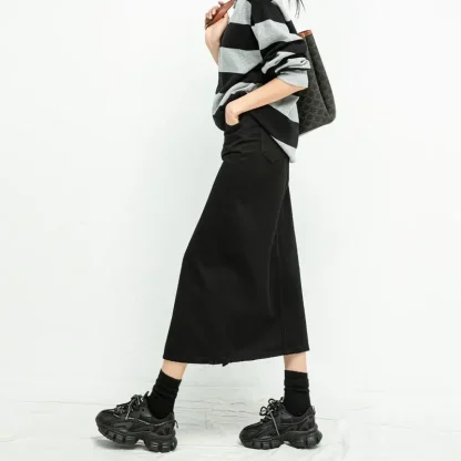 Midi Front Slit Black Denim Skirt - Image 2