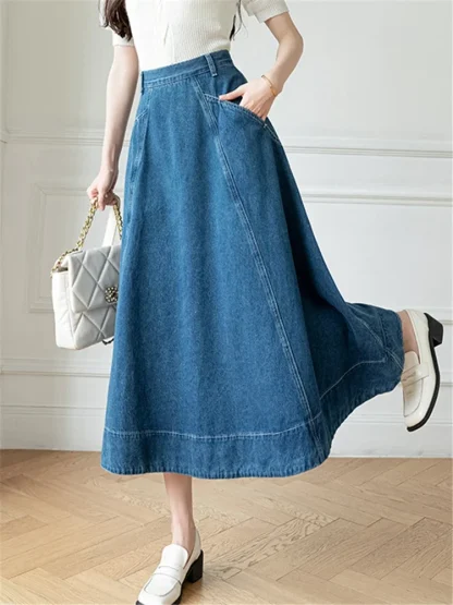 Side Pocket A-line Midi Denim Skirt - Image 4