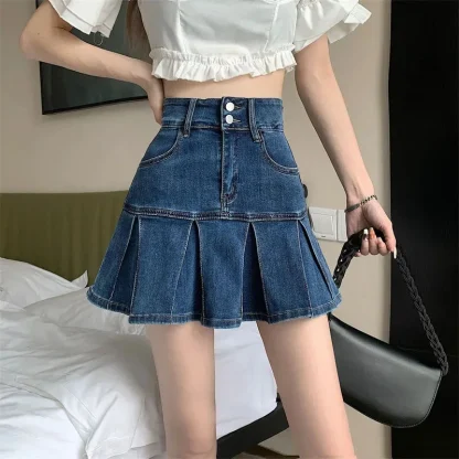 High-waist Pleated Denim Skirt