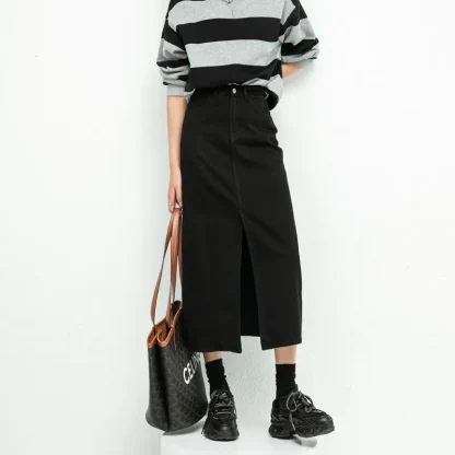 Midi Front Slit Black Denim Skirt - Image 3
