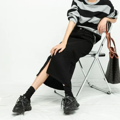 Midi Front Slit Black Denim Skirt - Image 6