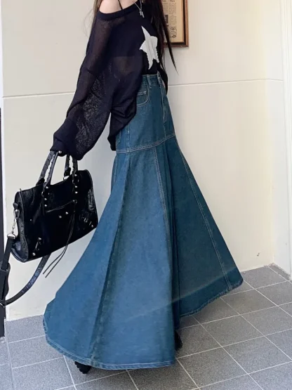 High Rise Long Fishtail Denim Skirt - Image 2