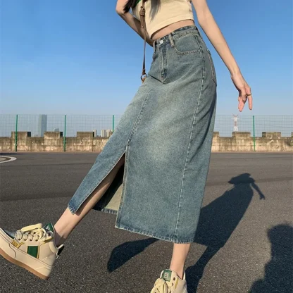 Straight Front Slit Denim Skirt - Image 3