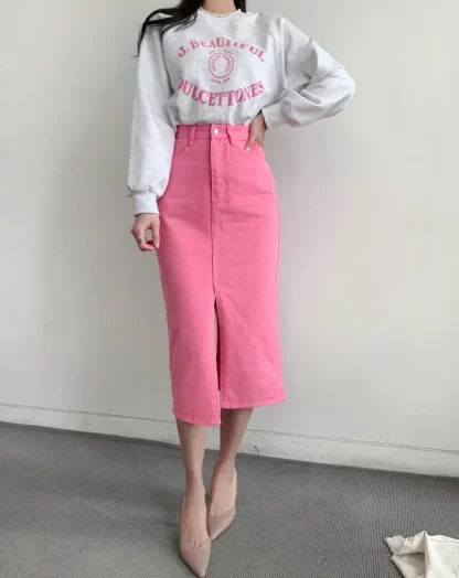 Slit Midi Straight Denim Skirt - Image 7