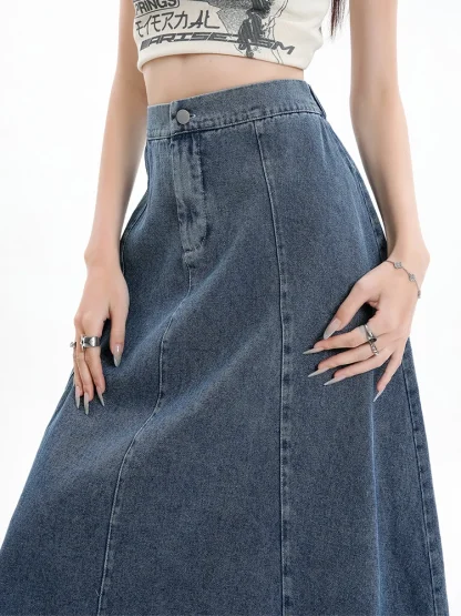 Casual Plain Long Denim Skirt - Image 5