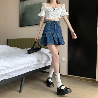 High-waist Pleated Denim Skirt - Image 13