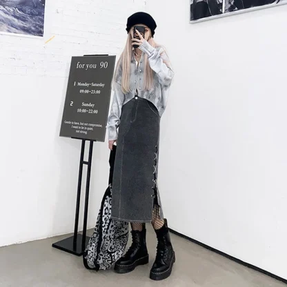 Lace-up Side Gray Denim Skirt - Image 4
