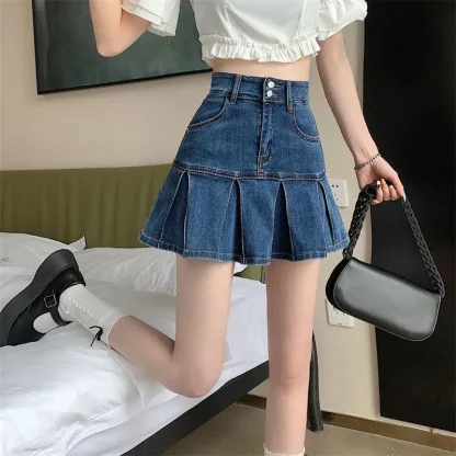 High-waist Pleated Denim Skirt - Image 6