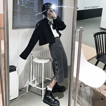 Lace-up Side Gray Denim Skirt - Image 3