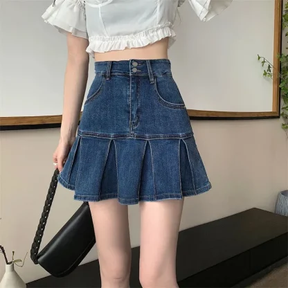 High-waist Pleated Denim Skirt - Image 3