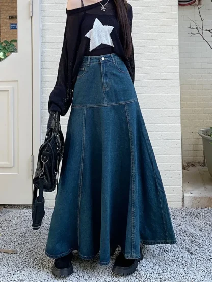 High Rise Long Fishtail Denim Skirt - Image 3