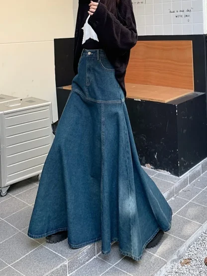 High Rise Long Fishtail Denim Skirt