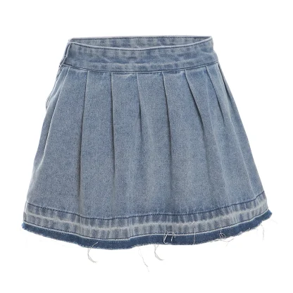 Casual Pleated Mini Denim Skirt - Image 5