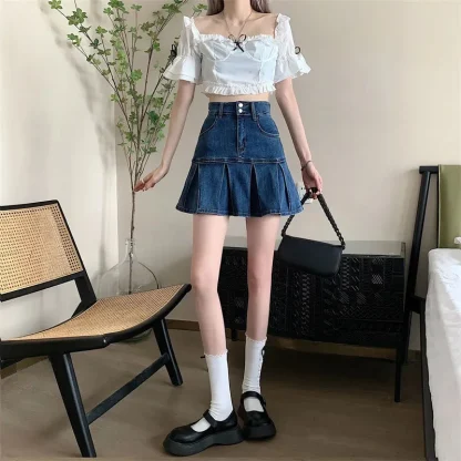 High-waist Pleated Denim Skirt - Image 10