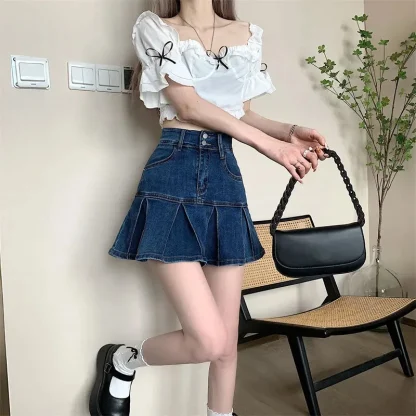 High-waist Pleated Denim Skirt - Image 7