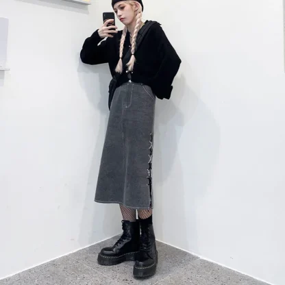 Lace-up Side Gray Denim Skirt - Image 2